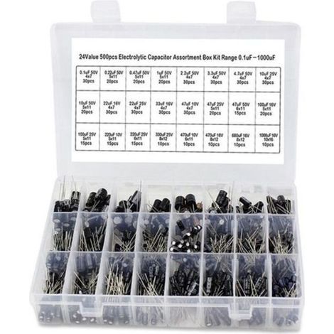 500 Stück – Konvolut Elektrolytkondensatoren mit Werten von 0,1 µF bis 1000 µF, 24er-Mix, 16–50 V, inklusive Verpackung (1/5)