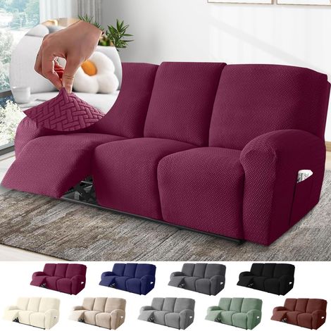 3-Sitzer Sessel Überzug, Sesselbezuge Stretch mit Taschen, All-Inclusive Streifen-Jacquard Sesselschoner für Fernsehsessel Relaxsessel Sesselhusse (Weinrot, 8-Teilig)
