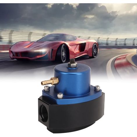 Einstellbarer Kraftstoffdruckregler 15-65 PSI, 8AN Ein-/Ausgang, schwarz eloxiert, Teilenummer 12-846, mit Montagefuß und Manometer (Teilenummer: TU-FPR098RD), blau. (1/5)