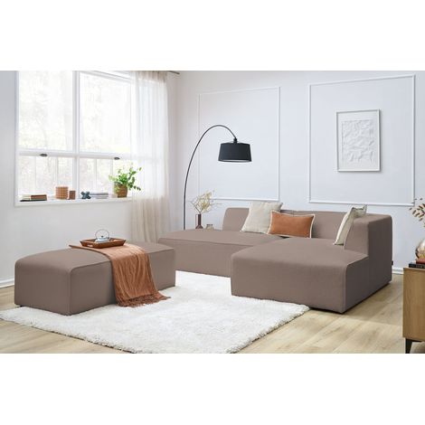BOBOCHIC - Canapé d'angle fixe modulable MEGEVE tissu bouclette avec pouf Angle droit  Marron (1/5)