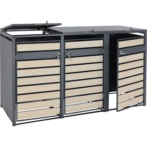 Coperchio triplo in acciaio antracite con effetto legno chiaro per bidoni da 80-240 litri con chiusura ammortizzata 040010466