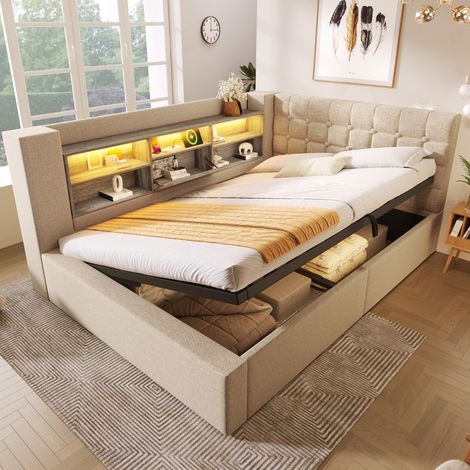 Bett 140x190 mit Stauraum LED USB L Form Beige OKMYHOME (1/5)