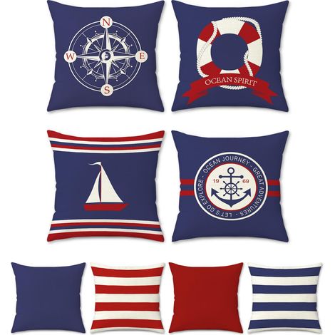 Lot de 4 Housse de Coussin 45 x 45 cm Nautique Ancre Boussole Voilier Bleu et Rouge Polyester Lin Décoratif Taie d'oreiller pour Canapé Lits Chaises Voiture Salon Maison Décor (1/5)