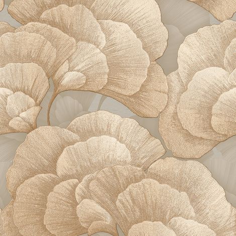 Papel pintado floral Profhome RE521014-DI papel pintado vinílico estampado en caliente tejido non tejido gofrado con ornamentos florales y efecto nacarado beige beige-perlado oro 5,33 m2
