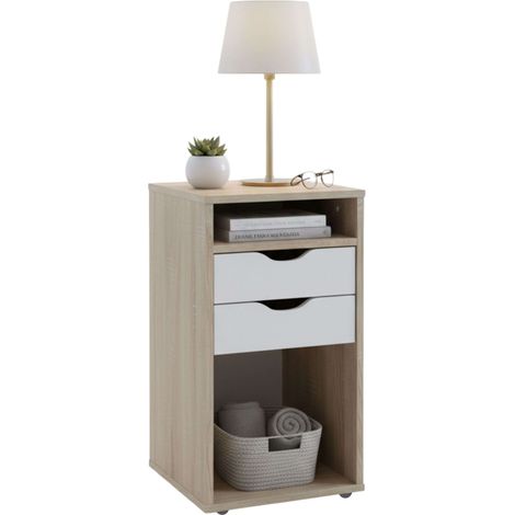 Table de chevet, Table de nuit, Table de chambre 2 tiroirs Parc Chêne Sonoma et Blanc Mat 36x71x40 cm