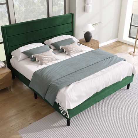 lit 140x200 avec sommier et tête de lit velours vert HAVRYA (1/5)