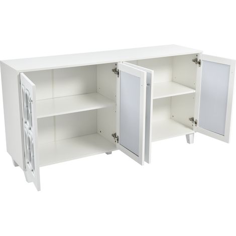 Credenza e Madia con 4 Ante e Ripiano Regolabile, Frontali a Specchio, Maniglie Cristallo, in MDF, 160×40×84 cm, Bianco (1/5)