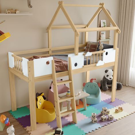 Letto a soppalco in legno massello e MDF bianco e naturale 90x200 cm con tetto, protezioni e scala inclinata