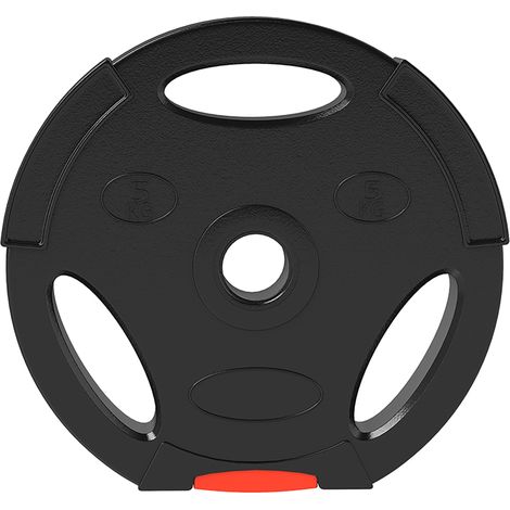 Disques de musculation, 2 x 5 kg et 2 x 2,5 kg, avec trois poignées et trous de Ø 25 mm, noirs (1/5)