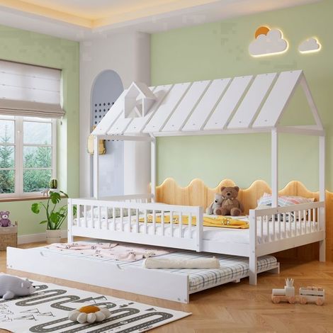 Lit gigogne enfant 120x200cm Design Cabane avec Cheminée - Lit Gigogne - Protection 3 côtés, Bois Pin Massif, Sommier, Blanc (1/5)