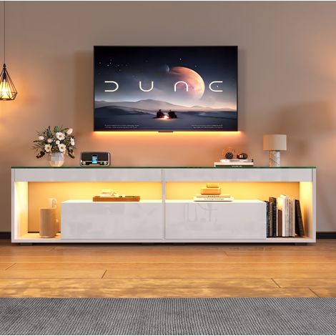 Mobile TV LED bianco lucido 180 x 40 x 46,5 cm per TV fino a 70 pollici con 2 cassetti OKMYHOME (1/5)