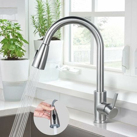 Kitchen Faucet, 304 Stainless Steel Sink Faucet, Two Spout Modes, 360° Swivel Sink Faucet with Pull Out Spout and Two 60cm Inlet Hoses (1/5)