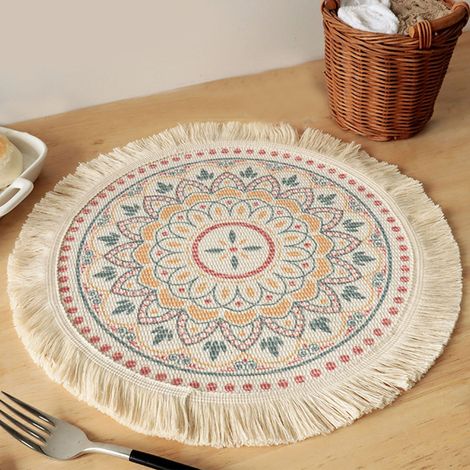 Set de table rond en coton et polyester, doux et confortable, tissé avec pompons, pour la décoration de la cuisine CS (1/5)