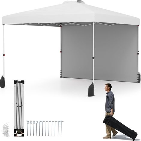 Gazebo da giardino 3 x 3 m con parete laterale, tenda pieghevole per feste con borsa trolley, 8 picchetti, 4 ancoraggi, per campeggio e feste, Bianco (1/5)