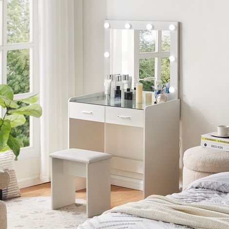 Clipop – Coiffeuse blanche avec miroir LED hollywoodien – Table en verre trempé 80x40x140 cm – 2 tiroirs 38x33x6 cm – Tabouret rembourré PU