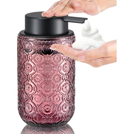 Distributeur de savon moussant en verre gaufré style vintage (violet, 400 ml) — Pompe noire mate — Convient pour le savon des mains dans la salle de bain et la cuisine (1/5)