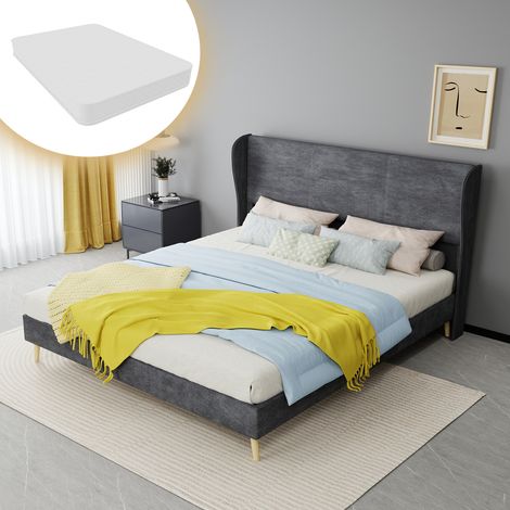Lit rembourré moderne et minimaliste avec tête de lit souple, 160x200 cm, gris, matelas inclus