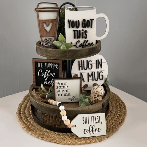 Plateau Empilable Café - Décor Rustique en Bois - Pour Station Café Maison ou Commerciale - Lot de 16 Pièces (1/5)