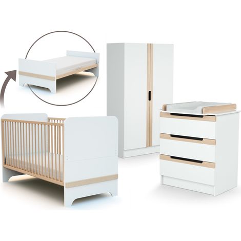 Chambre bébé complète avec lit évolutif 70x140cm – Commode à langer et armoire en bois verni blanc et hêtre – 7 étagères réglables – AT4 (1/5)