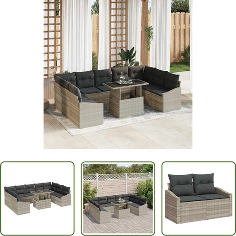 Poly-Rattan - Sofa Set mit Kissen 10 pcs Hellgrau Poly-Rattan (1/5)