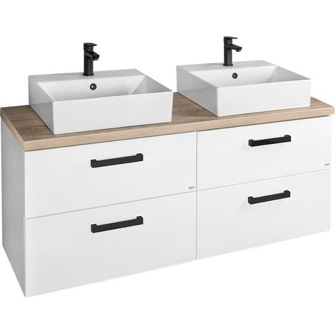 Aqualine Vega - Meuble avec lavabo, 145x61x45 cm, 4 tiroirs, blanc/chêne platine VG073-04 (1/4)