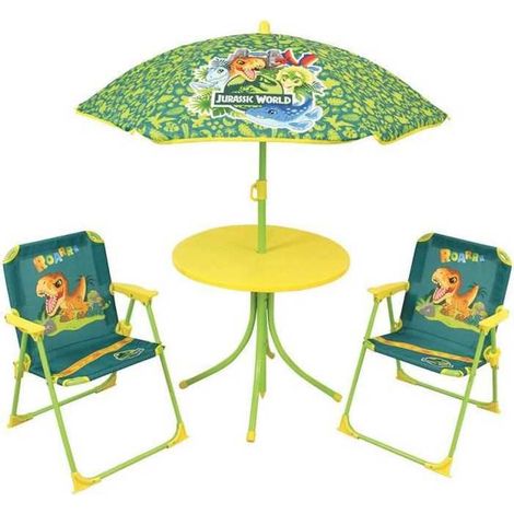 FUN HOUSE Jurassic Salon de jardin dinosaures - 1 table 46 x o46 cm, 2 chaises 53 x 38,5 x 37,5 cm et 1 parasol 125 x o100 cm