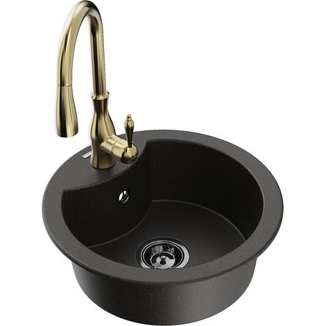 Mexen Diego fregadero de granito de 1 compartimento con grifo de cocina Savita, negro/dorado met谩lico - 6512-75-672601-50-B (1/5)