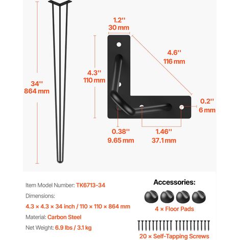 Pieds de table hairpin 86.4 cm noir lot de 4 pieds bureau 99.8 kg chacun 3 tiges acier carbone banc salon salle a manger chaise robuste bricolage meuble (1/5)