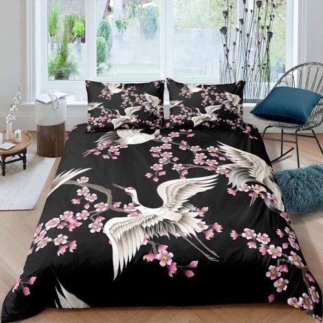 Housse de Couette 220x240cm Sakura Sets de Housse de Couette Style Japonais Parure de Lit Grue pour Enfants Ensemble de literie Noir (1/4)