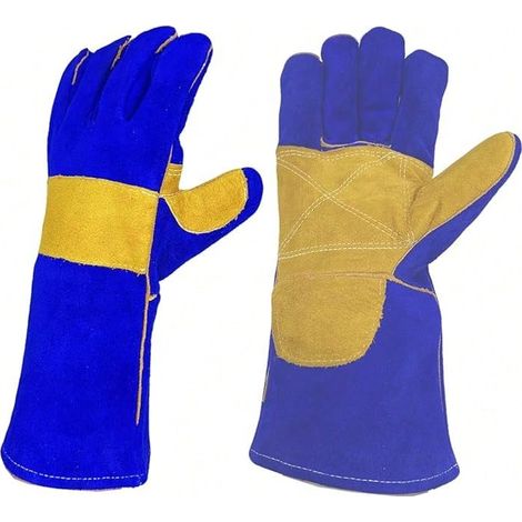 Gants de soudage MIG en cuir, résistants à la chaleur et au feu, pour soudage, grillades, barbecue, cheminée, bleu-marron (1/4)