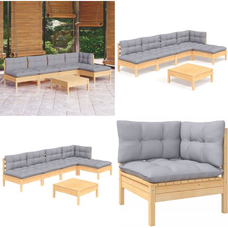 6-tlg. Garten-Lounge-Set mit Grauen Kissen Kiefernholz - Gartensessel - Lounge Set - Gartenmöbeln - Outdoor Möbel - Rattan Sessel - Home & Living (1/5)