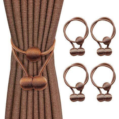 Magnetic curtain tiebacks, pack of 4 decorative curtain holdbacks, 66cm decorative weave rope holder for sheer window curtains (Shallow Coffee) (1/5)