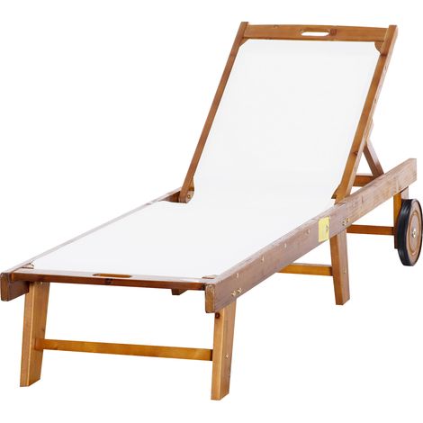 Verstellbarer Liegestuhl aus Akazienholz, Gartenliegestuhl mit naturweißem Stoffbezug, Maße 198 x 55 x 30–88,5 cm