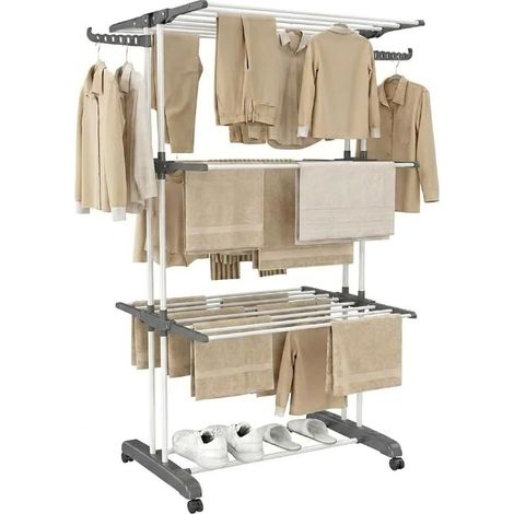 Étendoir à Linge Vertical à roulettes, Pliable, 3 Niveaux 30 m, Blanc (1/5)