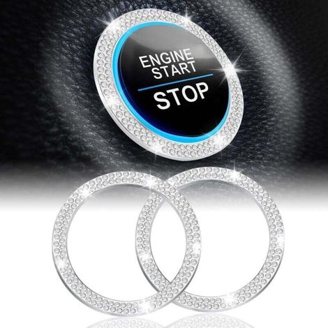 Geeignet für ein 2er-Set, dekorativer Ring mit doppeltem Kristalldiamanten für den Start/Stopp-Knopf im Auto, glänzendes Auto-Innenraumaccessoire für Damen, Aufkleber für den Start/Stopp-Knopf