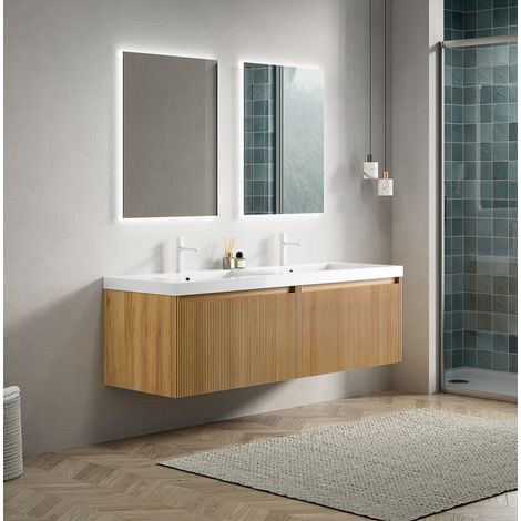 Mueble lavabo de baño (140x46x50 cm), lavabo integrado de resina, 2 cajones, acabado madera natural, blanco (1/5)