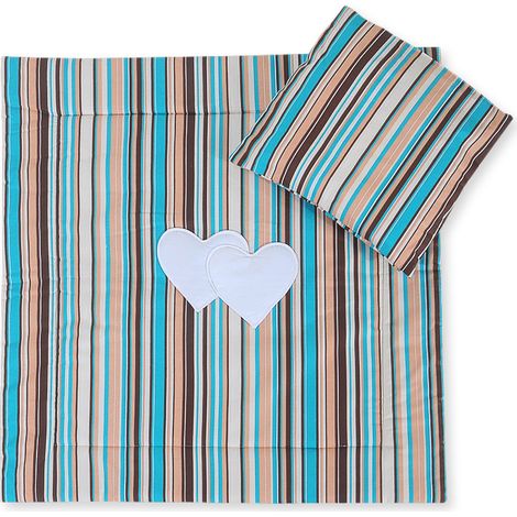Ropa de cama para cochecito con relleno, edredón y almohada - Corazones y rayas, marrón