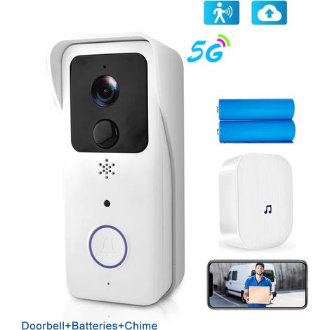 Interphone sans fil intelligent d'extérieur (blanc) avec sonnette vidéo sans fil étanche (1/5)