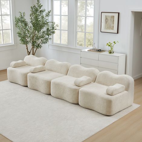 Canapé d’angle modulare in velluto beige 4 posti, seduta profonda e design ondulato (1/5)