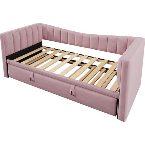 Gepolstertes Tagesbett 90 x 200 cm mit Ausziehbett aus rosa Samt MODENUIT (1/5)