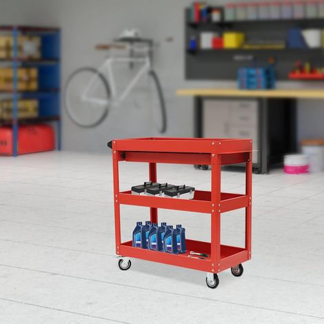 Rollender Werkstattwagen, 3 Etagen Schwerer Werkzeugwagen, Metall Servicewagen für Garage & Werkstatt, bis Tragkraft 150 kg (Rot) (1/5)