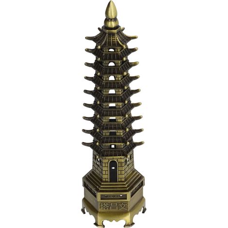 Statue de tour feng shui de style rétro, modèle architectural chinois en alliage au design rétro, finement travaillée, censée favoriser la réussite professionnelle. (1/5)