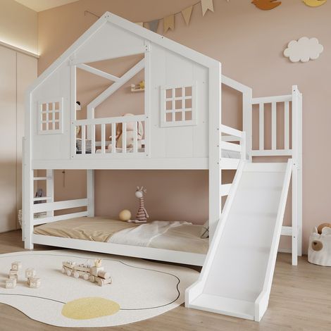 Lit superposé enfant 90 x 200 cm avec toboggan, design maison avec fenêtres et toit, Lit Mezzanine sommier à lattes stable et marches antidérapantes , gain de place pour chambre d'enfant