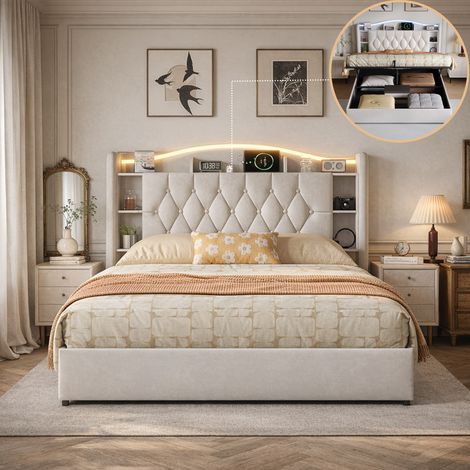 Lit coffre 140x200 cm avec LED et fonction de charge USB Type-C, rangement de chevet, Lit rembourré avec sommier à lattes, velours