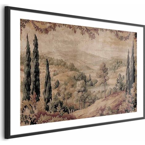 Poster – Mediterrane Landschaft – alter Wandteppich mit Hügel und See (1/4)
