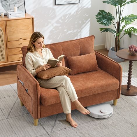 [Nouveautés] [Vidéo fournie] Canapé 2 places 127 cm, avec accoudoirs, coussins d'assise moelleux, avec poches latérales, tissu chenille, petit canapé pour bureau, salon, étude, montage facile, marron (1/5)