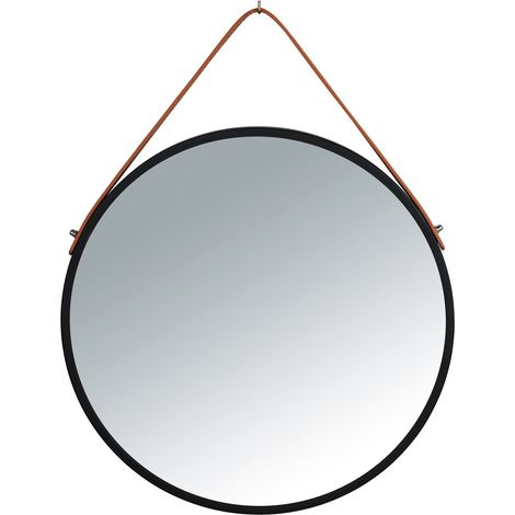 WENKO Wandspiegel Borrone rund 40 cm, schwarz mit Aufhänge-Gurt, Schwarz, Eisen schwarz, Glas silber glänzend (1/5)