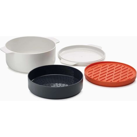 M-Cuisine de set de cuisson micro-ondes empilable de 4 pièces - Joseph Joseph Design empilable avec casserole de 2L, cuiseur vapeur, plaque de cuisson et couvercle Couleur pierre et orange (1/4)