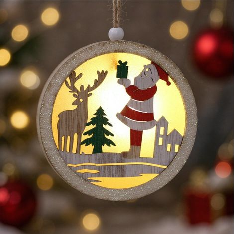 Ornement rond lumineux bois Père‑Noël et cerf 12 cm, décoration sapin à LED (1/3)