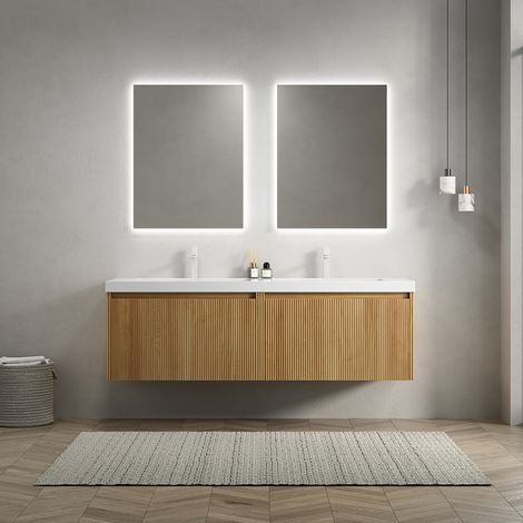 Waschtisch-Set 140 cm aus Resin und Mehrschichtholz, Naturholz/Weiß, mit 2 Waschbecken und 2 Schubladen (1/5)